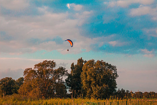 机动,滑翔伞,飞,乡村地区,日落