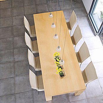 俯视,木质,餐桌,椅子,苍白,亮光,灰色,大理石地板,简约,布置