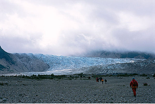人,走,行走,冰河,阿尔西克河,不列颠哥伦比亚省,加拿大
