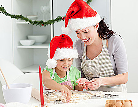 可爱,母女,准备,圣诞曲奇,厨房