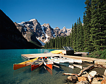 加拿大,艾伯塔省,班芙国家公园,独木舟,停泊,码头,冰碛湖,大幅,尺寸