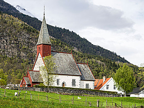 历史,教堂,绵羊,草地,枝条,松恩峡湾,松奥菲尔当纳,挪威