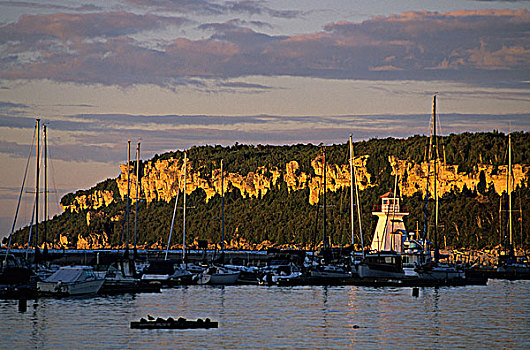 头部,悬崖,码头,日落,布鲁斯半岛,安大略省,加拿大