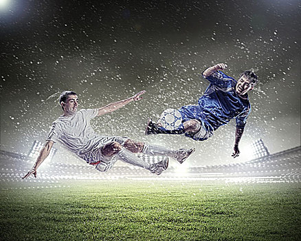 两个,球员,跳跃,雷击,球,体育场,雨