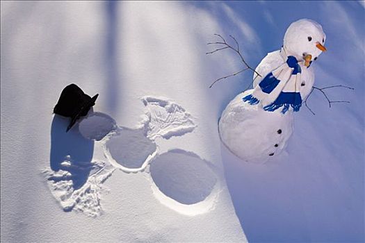 雪人,树林,制作,雪,天使,痕迹,雪中,黄昏,阳光,阿拉斯加,冬天