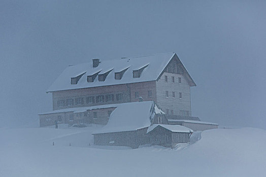 阿尔卑斯小屋,冬天,山,巴伐利亚阿尔卑斯山,巴伐利亚,德国