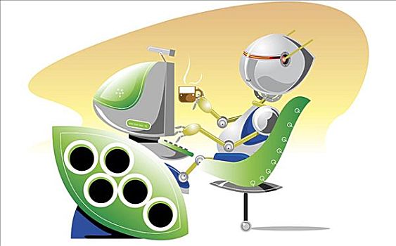 机器人,拿着,茶杯,坐,正面,电脑
