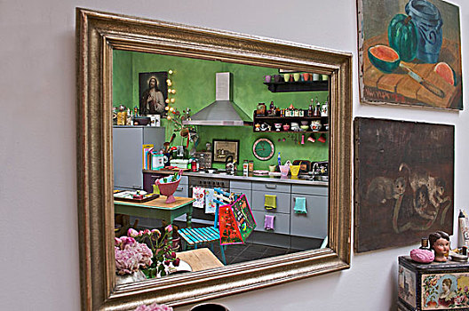 现代,绿色,厨房,灰色,反射,镜子