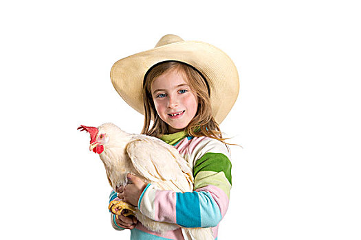 金发,儿童,女孩,农民,拿着,白人,母鸡,手臂,牛仔帽