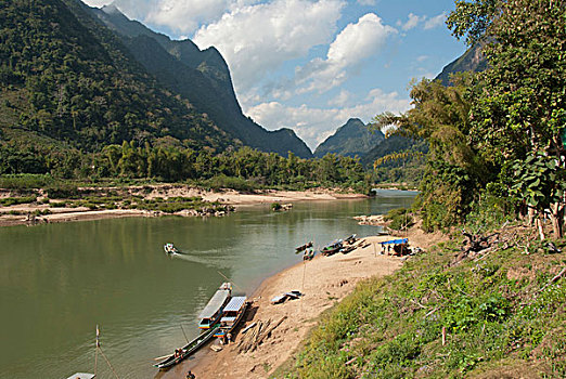 船,岸边,河,琅勃拉邦,省,老挝,东南亚,亚洲