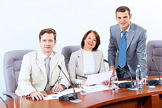 图像,三个,商务人士,坐,桌子,会议