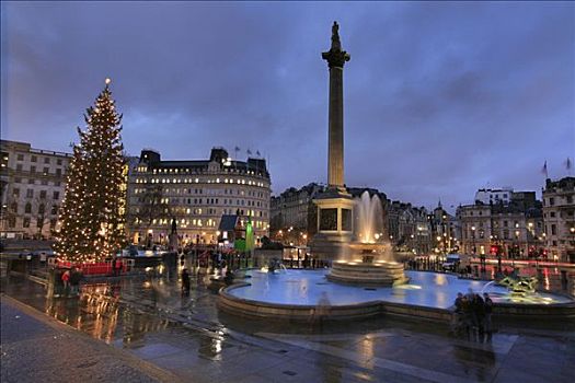 国家美术馆,特拉法尔加广场,圣诞树,喷泉,伦敦,英国