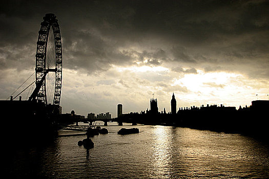 英格兰,伦敦,伦敦南岸,泰晤士河,日落