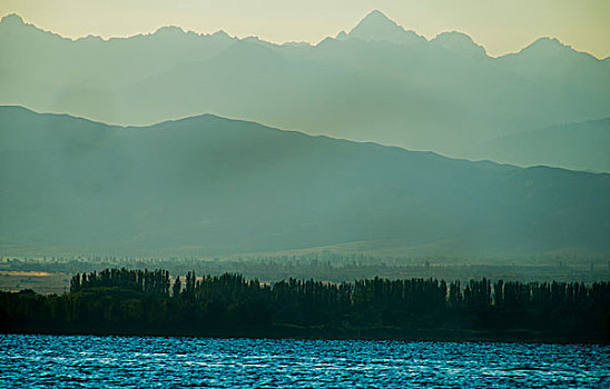 风景,湖,模糊,山,吉尔吉斯斯坦,中亚
