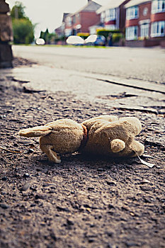 小,毛绒玩具,狗,躺着,水泥,靠近,道路,房子,背景