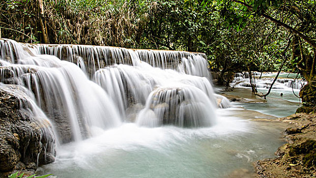 老挝,琅勃拉邦,瀑布,长时间曝光,大幅,尺寸