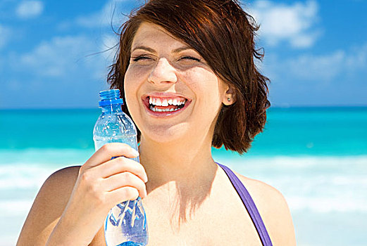 高兴,女人,水瓶,海滩