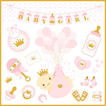 女婴,礼物,矢量,设计,粉色,金色,可爱,收集,公主,图像