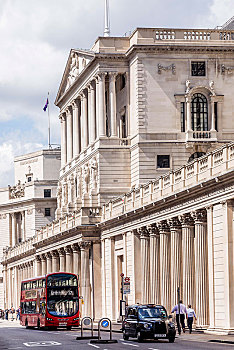 红色公交车,英国,出租车,正面,英格兰银行,金融区,伦敦,欧洲