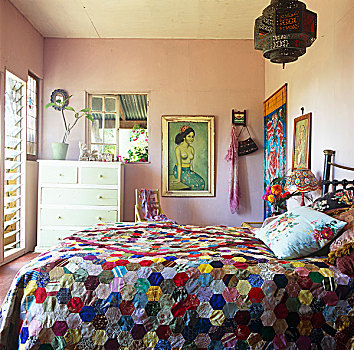 维多利亚时代风格,床,遮盖,拼合,被子,女性,粉色,卧室