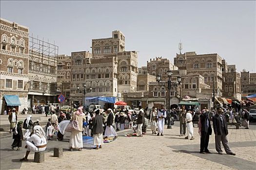 露天市场,建筑,砖,粘土,正面,也门,世界遗产,中东