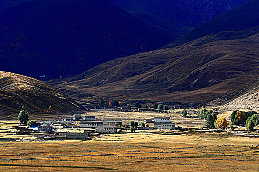 四川省稻城县的藏寨和草原