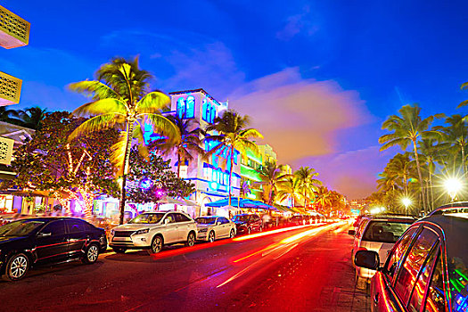 迈阿密海滩,南海滩,日落,海滨大道,佛罗里达,艺术装饰,车灯