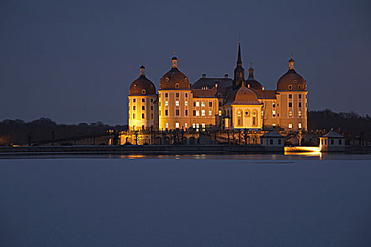 城堡,靠近,德累斯顿,冬天,雪,黄昏,萨克森,德国,欧洲