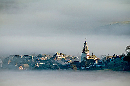 半木结构,乡村,藻厄兰,向外看,云量,教堂,北莱茵威斯特伐利亚,德国