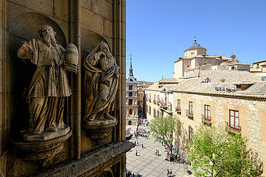 风景,寺院,两个,雕像,广场,市政厅,托莱多,西班牙,欧洲