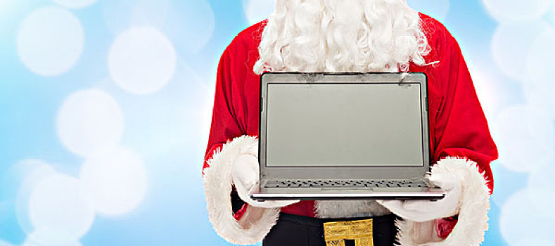 圣诞节,广告,科技,人,概念,特写,圣诞老人,笔记本电脑,上方,蓝色,背景