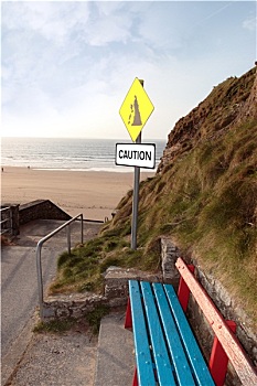 长椅,海滩,小心,标识