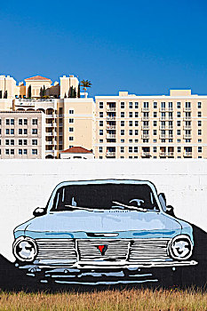 美国,佛罗里达,西棕榈滩,壁画,老爷车