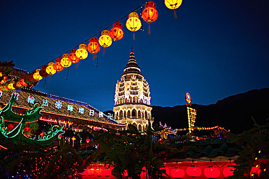 排,纸灯笼,极乐寺,光亮,夜晚,槟城,马来西亚
