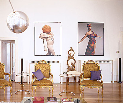 起居室,镀金,老式,椅子,铬合金,玻璃,边桌,艺术品