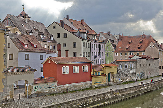 建筑,多瑙河,河岸,老城,雷根斯堡,德国,俯视图