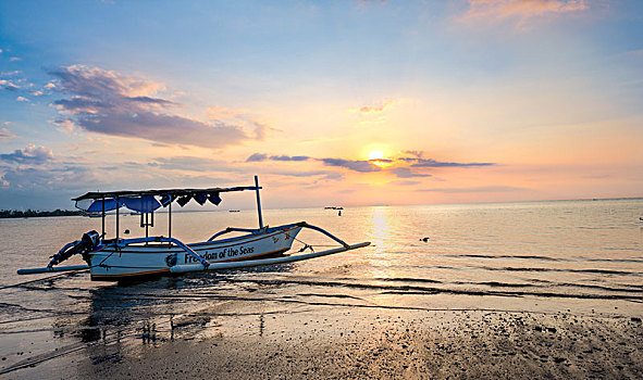 日落,海滩,独木舟,海洋,巴厘岛,印度尼西亚,亚洲