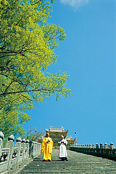 中国山西五台山寺庙台阶上走的和尚