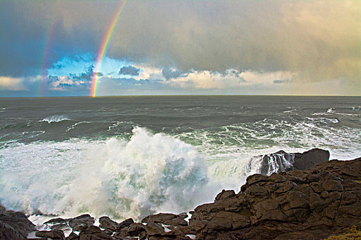 一对,彩虹,海浪,早晨,石头,俄勒冈,美国