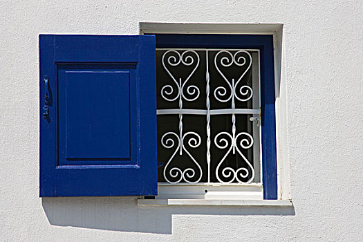 希腊,米克诺斯岛,打开,窗户,蓝色,百叶窗,铁,对比,白墙