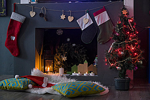 圣诞帽,垫子,正面,圣诞树,壁炉