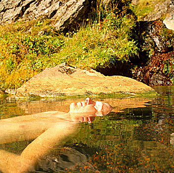 放松,热,漂浮,背影,安静,脸,反射,温暖,水,鹤,围绕,火山,石头,兰德玛纳,冰岛