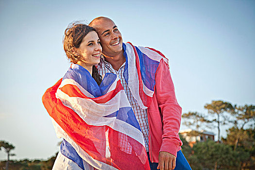 情侣,英国国旗,海滩,多西特,英国