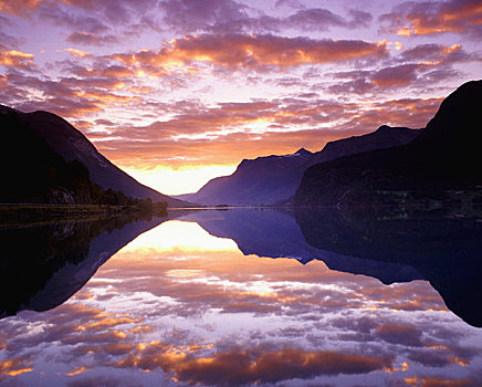 反射,山,云,水上,湖,挪威