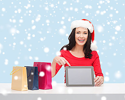 圣诞节,圣诞,电子产品,小物件,概念,微笑,女人,圣诞老人,帽子,留白,显示屏,平板电脑