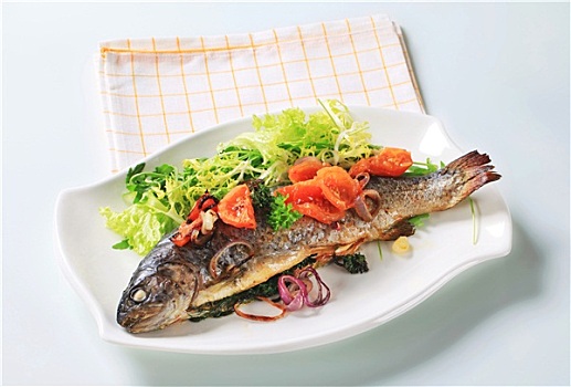 烘制,鲑鱼,西红柿,蔬菜沙拉