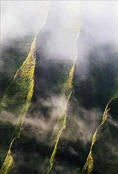 夏威夷,考艾岛,纳帕利海岸,卡拉拉乌谷,俯视,悬崖,薄雾,山谷,部落