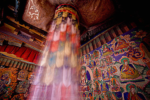 彩色,布,柱子,悬挂,天花板,房间,艺术品,墙壁,印度