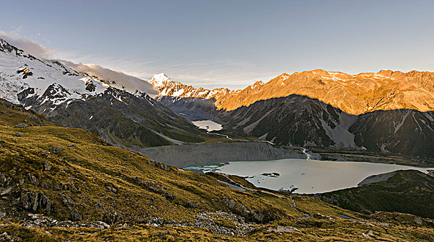 风景,冰河,湖,后面,库克山,日落,库克山国家公园,南阿尔卑斯山,山谷,坎特伯雷,南岛,新西兰,大洋洲