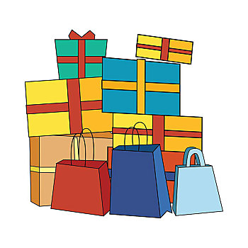 堆,彩色,包装,礼盒,大,山,礼物,靠近,购物袋,漂亮,盒子,压制,蝴蝶结,象征,圣诞礼物,隔绝,矢量,插画